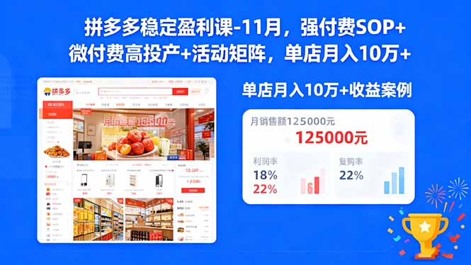 拼多多稳定盈利课-11月，强付费SOP+微付费高投产+活动矩阵，单店月入10万+