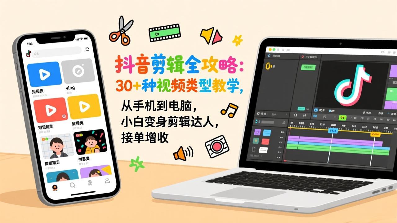 抖音剪辑全攻略：30+种视频类型教学，从手机到电脑，小白变身剪辑达人，接单增收