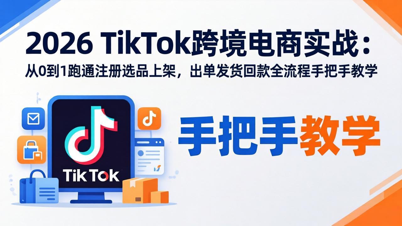 2026TikTok跨境电商实战:从0到1跑通注册选品上架,出单发货回款全流程手把手教学