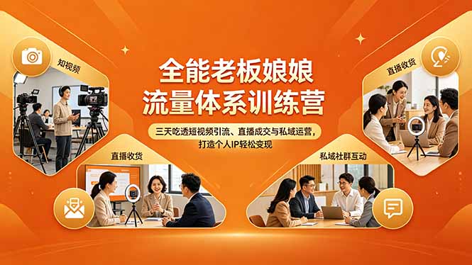 全能老板娘流量体系训练营，三天吃透短视频引流、直播成交与私域运营，打造个人IP轻松变现