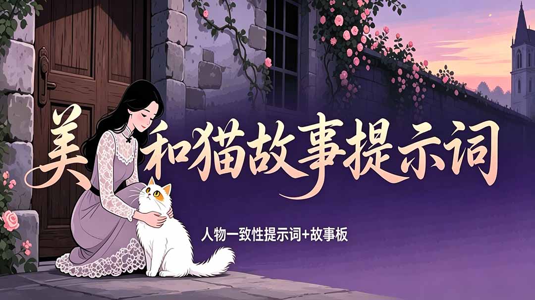美女和猫故事提示词，人物一致性提示词+故事板