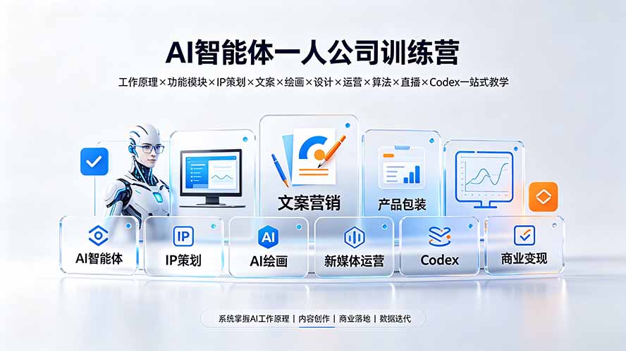 AI智能体一人公司训练营：工作原理×功能模块×IP策划×文案×绘画×设计×运营×算法×直播×Codex一站式教学