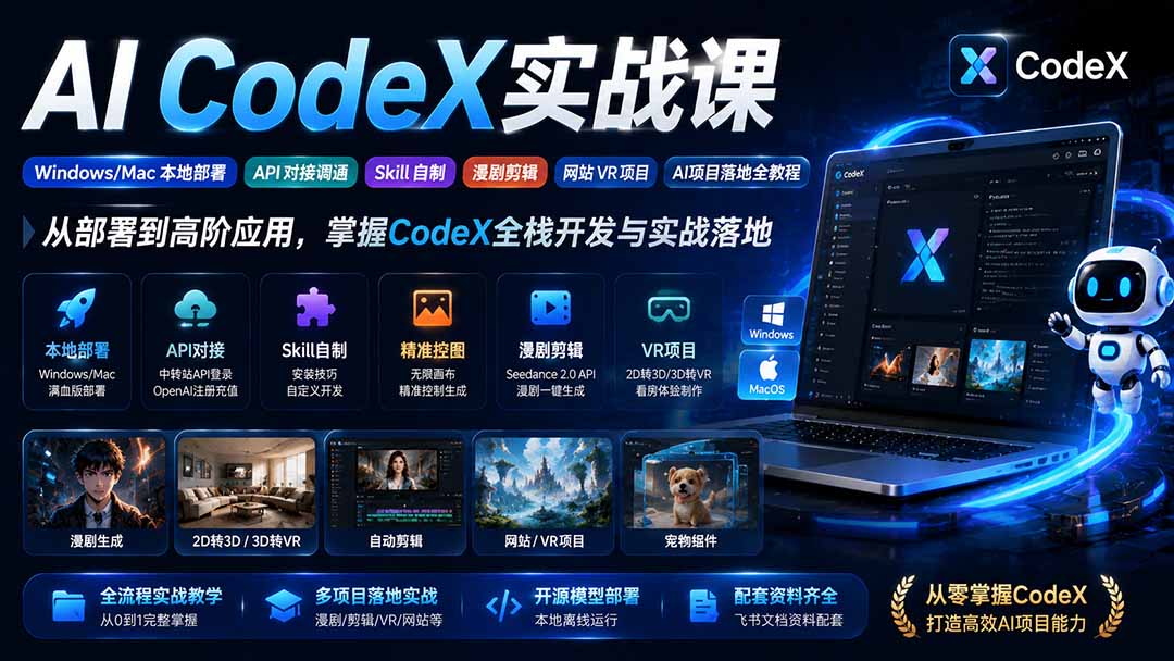 AI CodeX实战课|Windows/Mac 本地部署|API 对接调通|Skill 自制|漫剧剪辑|网站 VR 项目|AI项目落地全教程