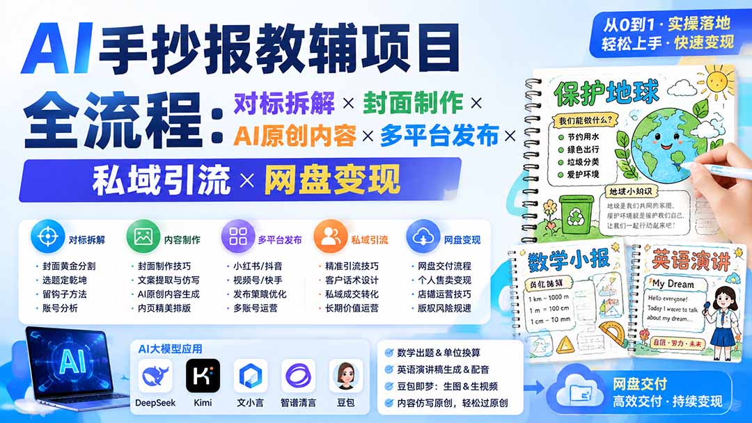 AI手抄报教辅项目全流程:对标拆解×封面制作×AI原创内容×多平台发布×私域引流×网盘变现