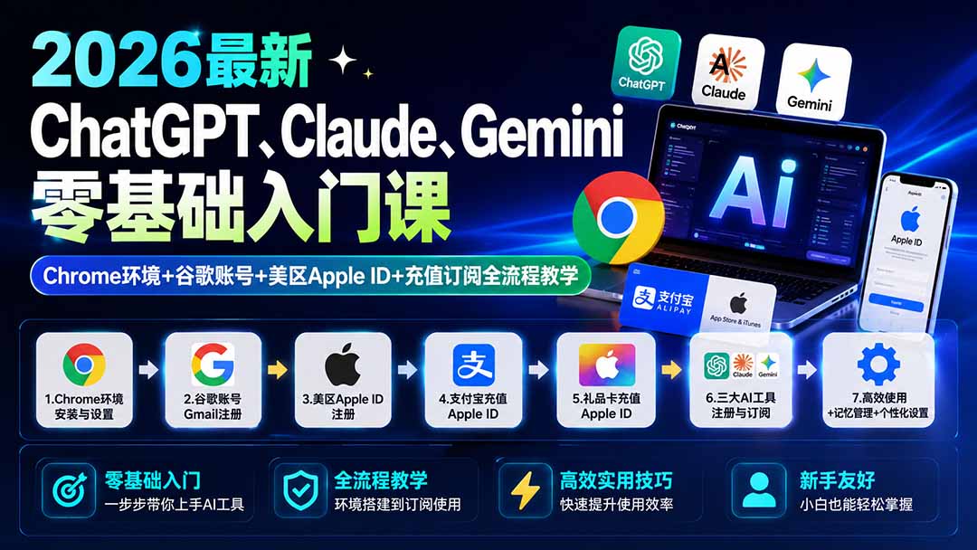 2026最新ChatGPT、Claude、Gemini零基础入门课:Chrome环境+谷歌账号+美区Apple ID+充值订阅全流程教学