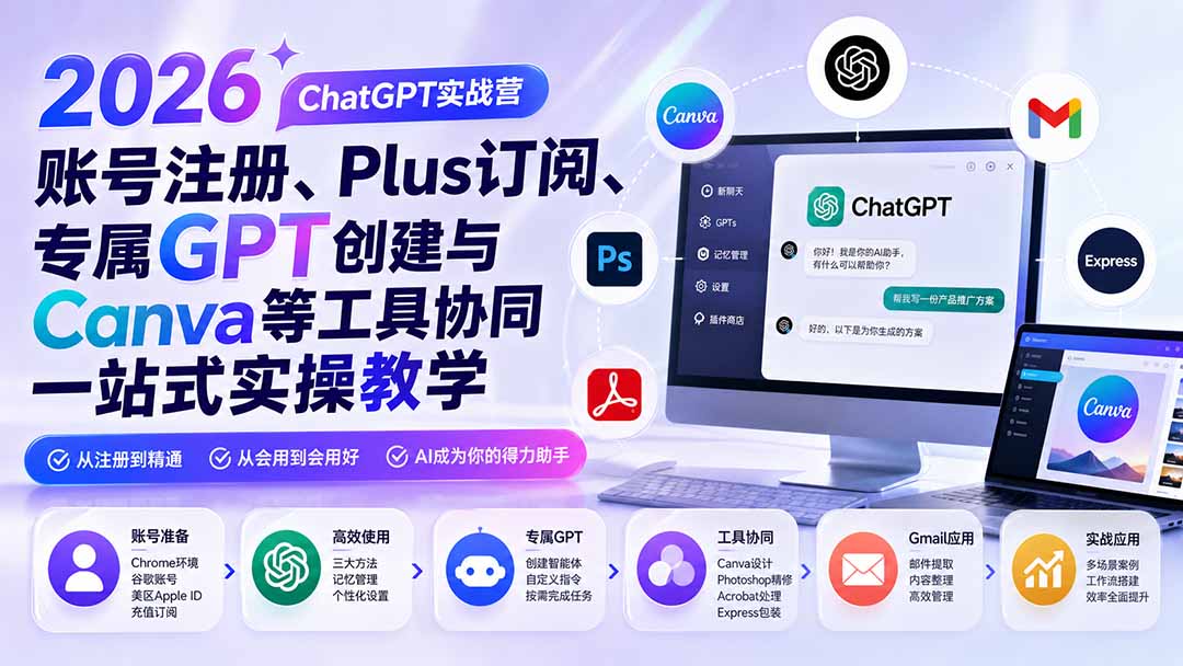 2026 ChatGPT实战营;账号注册、Plus订阅、专属GPT创建与Canva等工具协同一站式实操教学